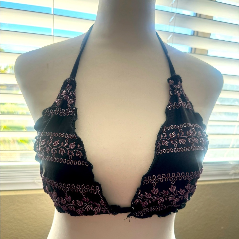 Becca by Rebecca Virtue Triangle Bikini Top with Purple Leaf Design size Large